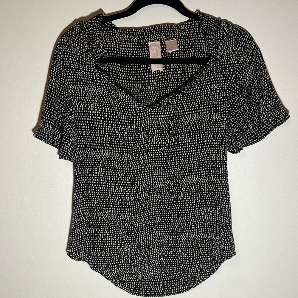 Gemma Black Taupe Print 100% Silk Short Sleeve Blouse Size XS